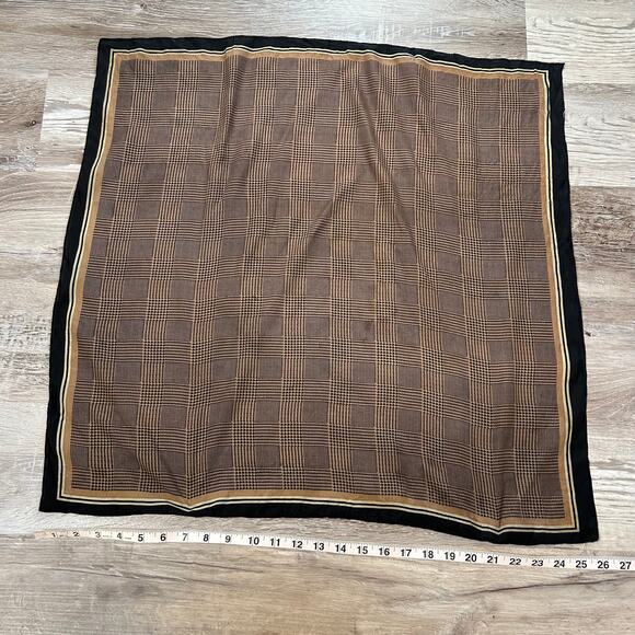 Vintage Glen Plaid Square Scarf 26” Brown Black Houndstooth Border 70s Style - Picture 6 of 6